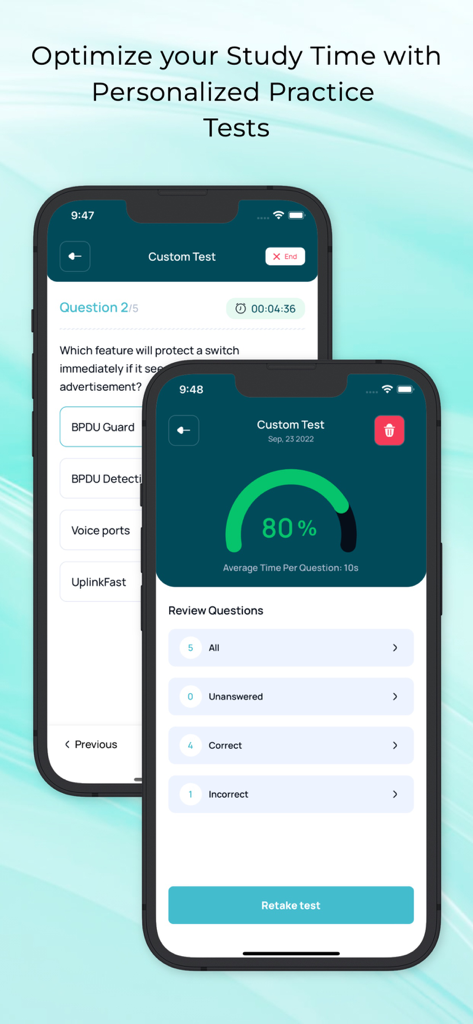 Dos pantallas de móvil que muestran preguntas de práctica personalizadas y resultados de exámenes con una puntuación del 80 por ciento en la aplicación de preparación de exámenes CCNA y CCNP.