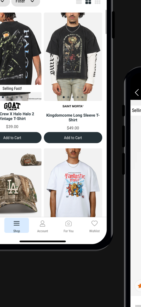 Culture Kings mobile app interface showing a product feed of graphic t-shirts and streetwear hats.