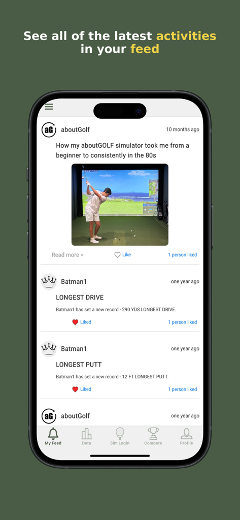 aG Locker - The aG Locker app interface displaying a social activity feed with golf simulator achievements like longest drive and longest putt.