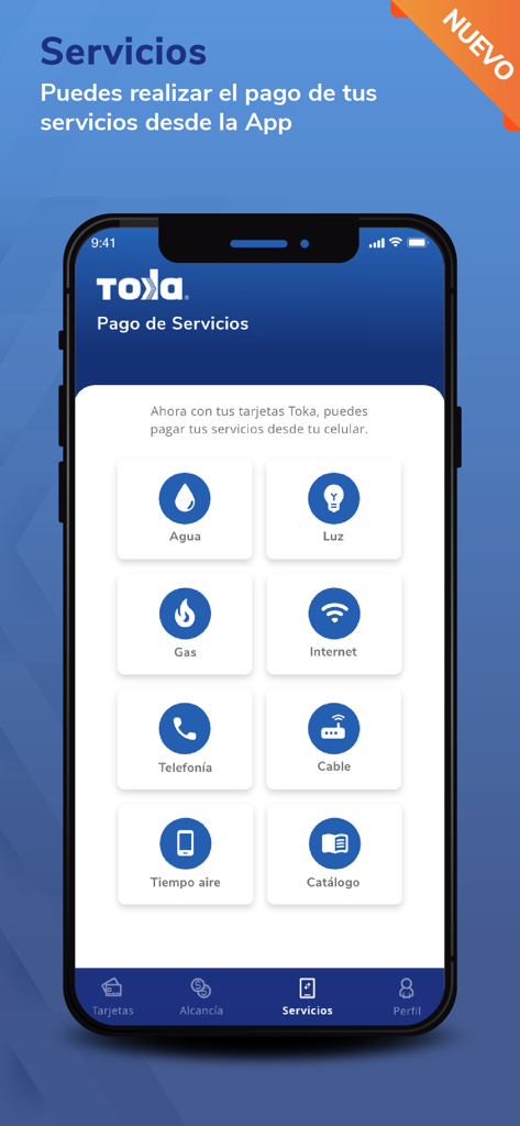Toka Internacional - Interfaz de la aplicación Toka Internacional que muestra opciones para pagar servicios básicos como agua, electricidad, gas e internet desde un dispositivo móvil.
