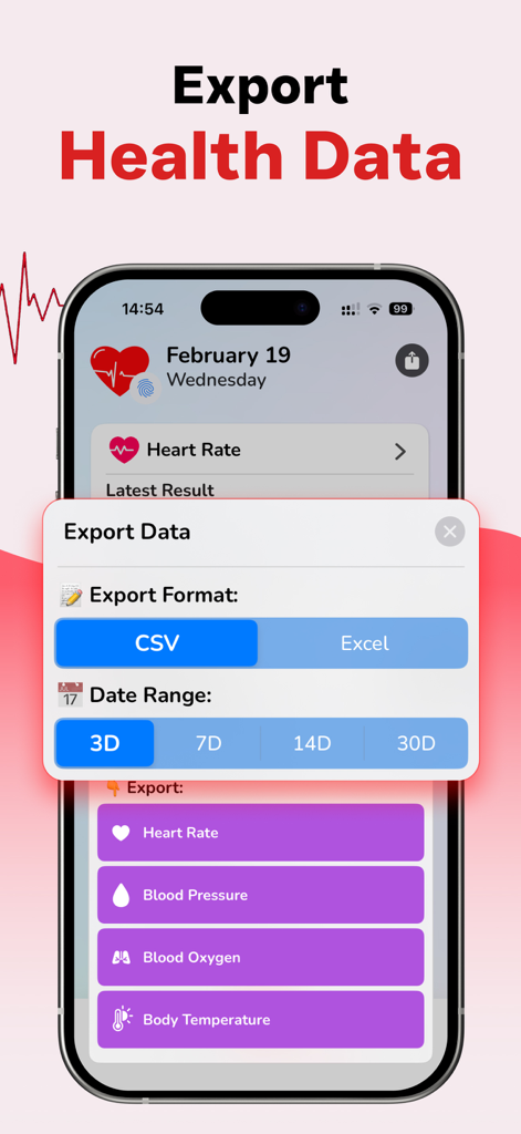Heart Rate Monitor heartbeat - Interface do aplicativo Monitor de Frequência Cardíaca mostrando opções para exportar dados de saúde, incluindo frequência cardíaca e pressão arterial em formatos CSV ou Excel.