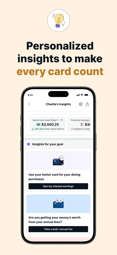 Kudos app screen showing personalized insights and recommendations for maximizing credit card rewards.