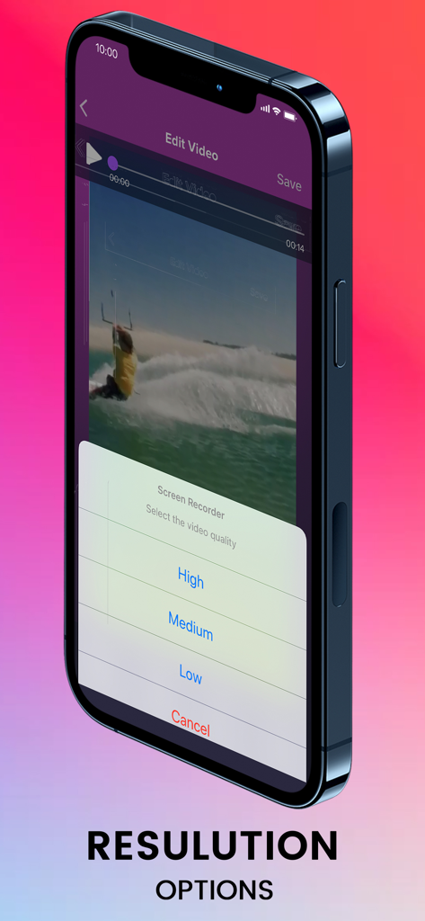 A smartphone screen displaying high medium and low video resolution options in the Screen Recorder Pro app.