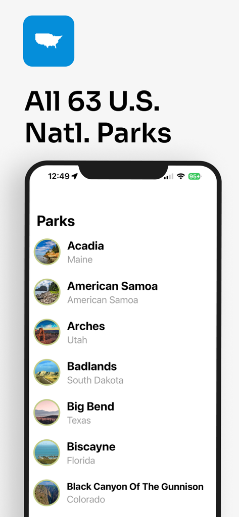 Parkwolfアプリの全63米国立公園のリスト（写真付き）を表示する画面。