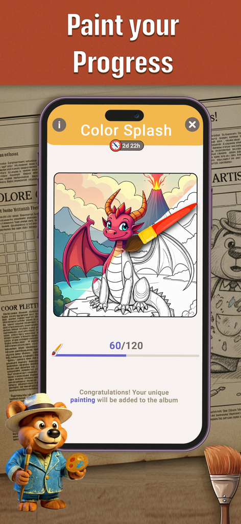 CodeWords: Cryptogram Puzzles - Color Splashの進行状況機能、ドラゴンのイラスト、アーティストのクマのマスコットを表示するCodeWords Cryptogram Puzzlesアプリ画面