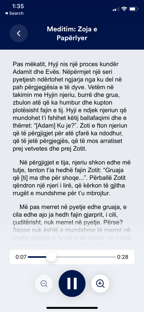 Lutja Ime - Albanian religious meditation text with audio player controls in the Lutja Ime app