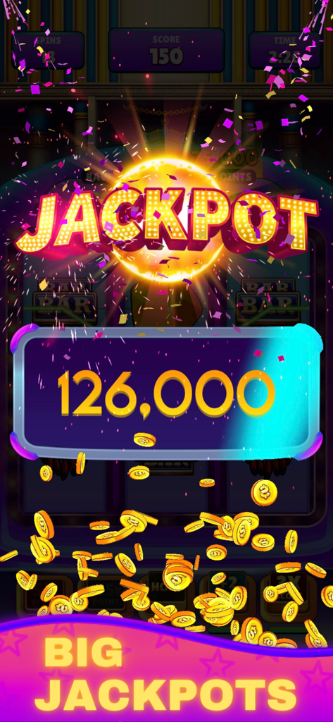 Real Money Slots Stake Casino - Schermata di una grande vincita di jackpot nell'app Real Money Slots Stake Casino che mostra un premio di 126000 con monete d'oro che cadono