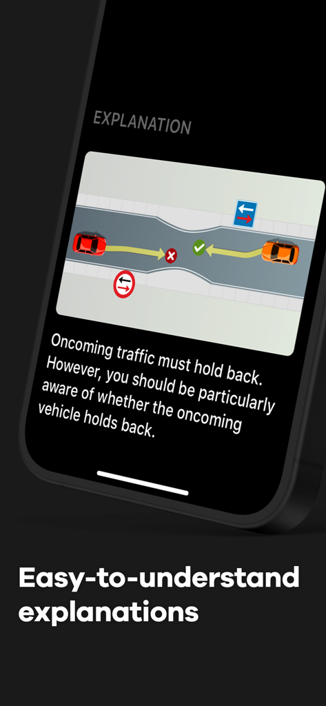 Driving theory test explanation screen with a traffic diagram