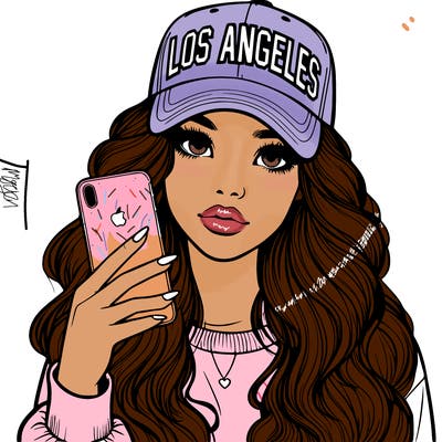 realistic beautiful girl wearing los ángeles cap holding an iphone