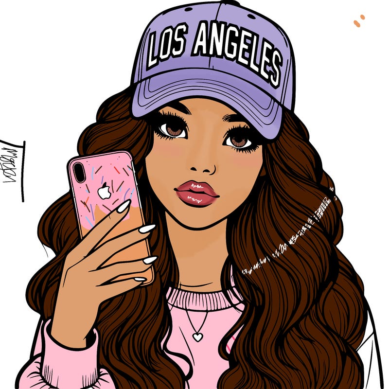 realistic beautiful girl wearing los ángeles cap holding an iphone