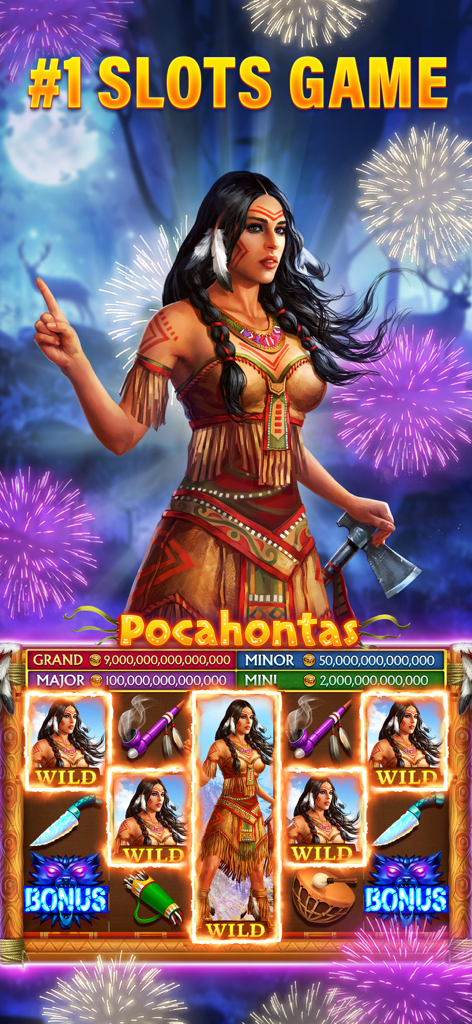 Slots Era mobile game showing Pocahontas themed slot machine and fireworks