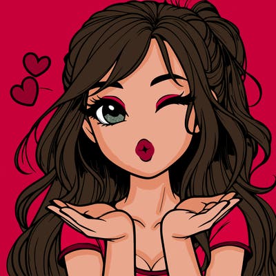 realistic girl winking and blowing a kiss while making heart hands