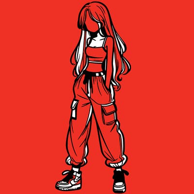 girl in baggy pants crop top and long hair