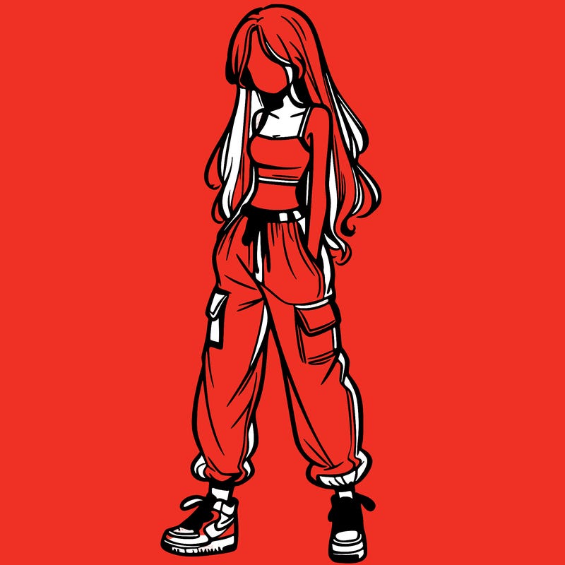 girl in baggy pants crop top and long hair