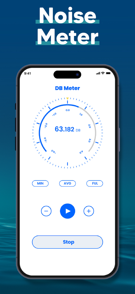 iPhone screen displaying the Noise Meter tool within the Clear Wave PRO app featuring a decibel gauge and digital reading