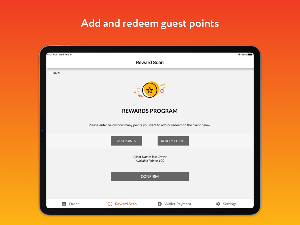 Craver Restaurant - Craver Restaurant app screen on iPad for managing customer loyalty points and rewards.