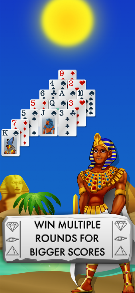 Gameplay screen of Pyramid Solitaire Egypt showing a card pyramid and an Egyptian pharaoh