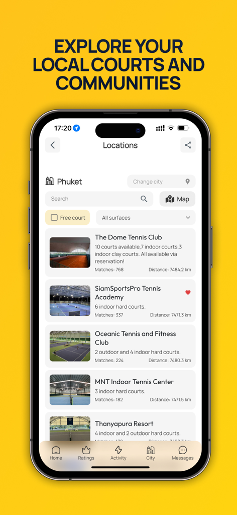 Raketo app interface showing a list of local tennis clubs and court facilities for players to explore.