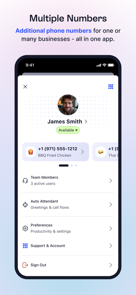 LinkedPhone—Pro Business Line - LinkedPhone app interface showing multiple business numbers and account settings for a professional user.