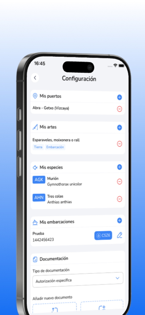 PescaREC - PescaREC configuration screen for managing fishing ports, gear, species and boats.