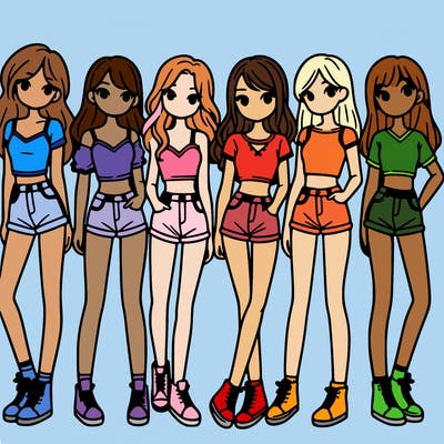 a group of girls wearing crop tops and shorts