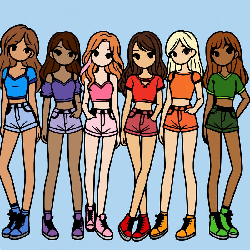 a group of girls wearing crop tops and shorts