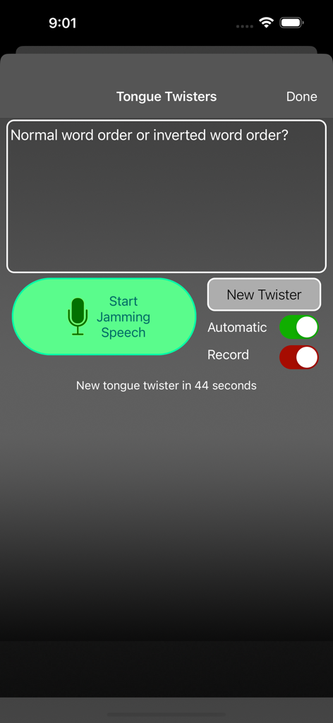 Speech Jammer - Interfaz de la app Speech Jammer mostrando la función de desafío de trabalenguas