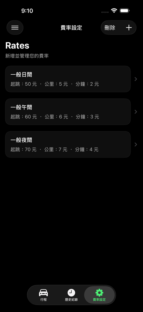 跳錶Meter - Customizable taxi fare rates screen in the Meter app showing different pricing for day afternoon and night shifts