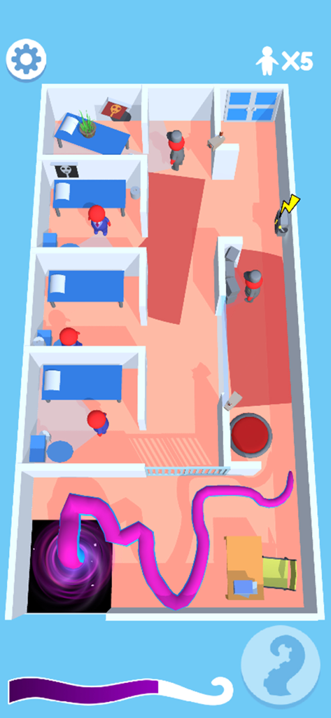 Top down view of a purple tentacle monster navigating a building in a puzzle level.