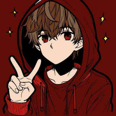 teenage manga boy in a hoodie, doing ✌