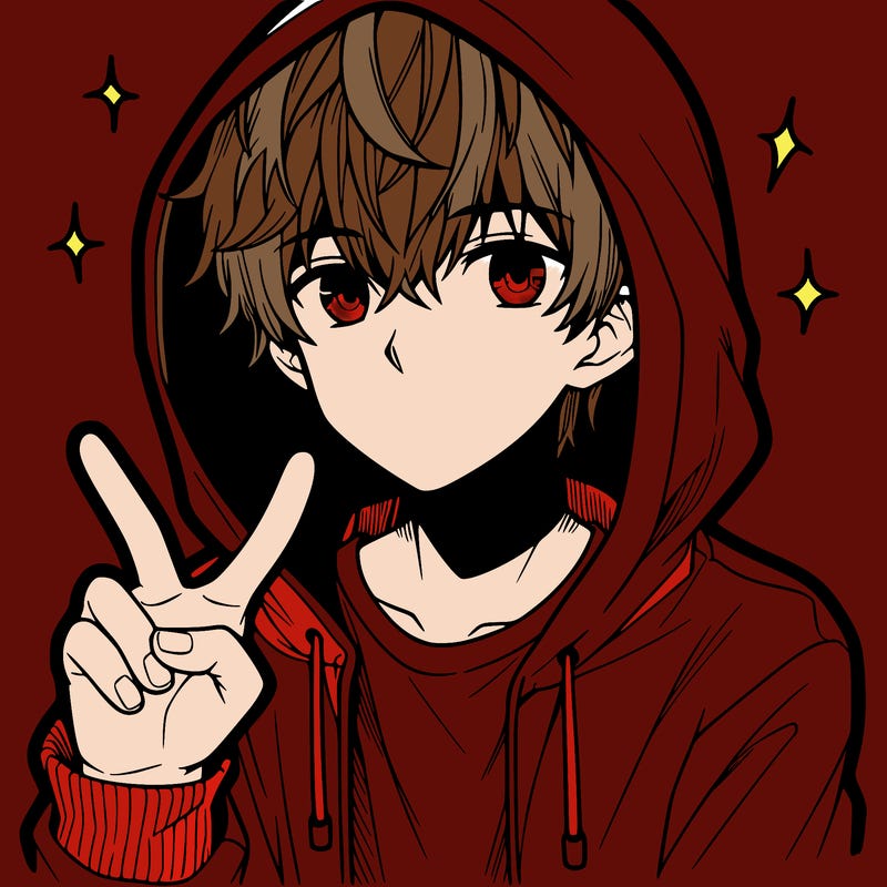 teenage manga boy in a hoodie, doing ✌