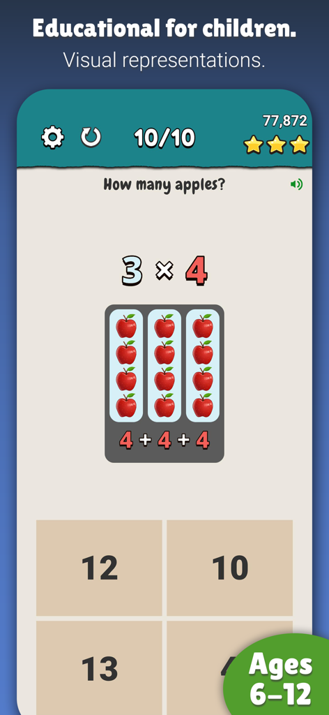 King of Math+ - King of Math Plus app interface showing a 3 by 4 multiplication problem with a visual grid of red apples and numeric answer options for children aged 6 to 12.