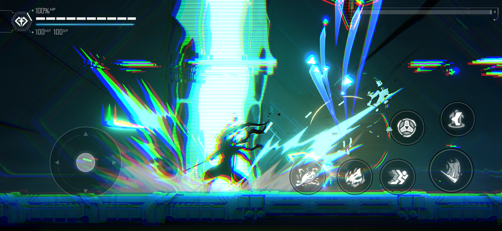 Escena de combate de alta intensidad en BlazBlue Entropy Effect mostrando la silueta de un personaje con vibrantes efectos visuales de estilo glitch e interfaz de usuario móvil.