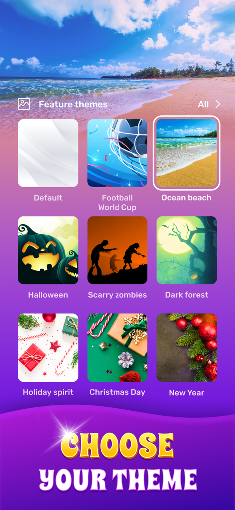 Bingo Lotto－Lucky Lottery Card - Bingo Lotto game screen showing various themes like Ocean beach Halloween and Holiday spirit