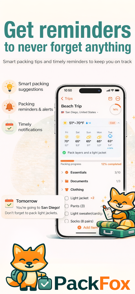 PackFox - Smart Packing Lists - PackFox-App-Screenshot, der intelligente Packhinweise, wetterbasierte Vorschläge und die Verfolgung des Reisefortschritts zeigt.