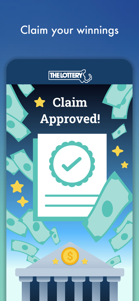 MA Lottery - MA Lottery app screen confirming a successful claim approval for winnings