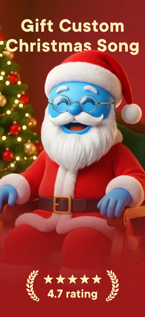 AI Music Generator - Overdub - Blue Santa character promoting custom AI Christmas songs on Overdub