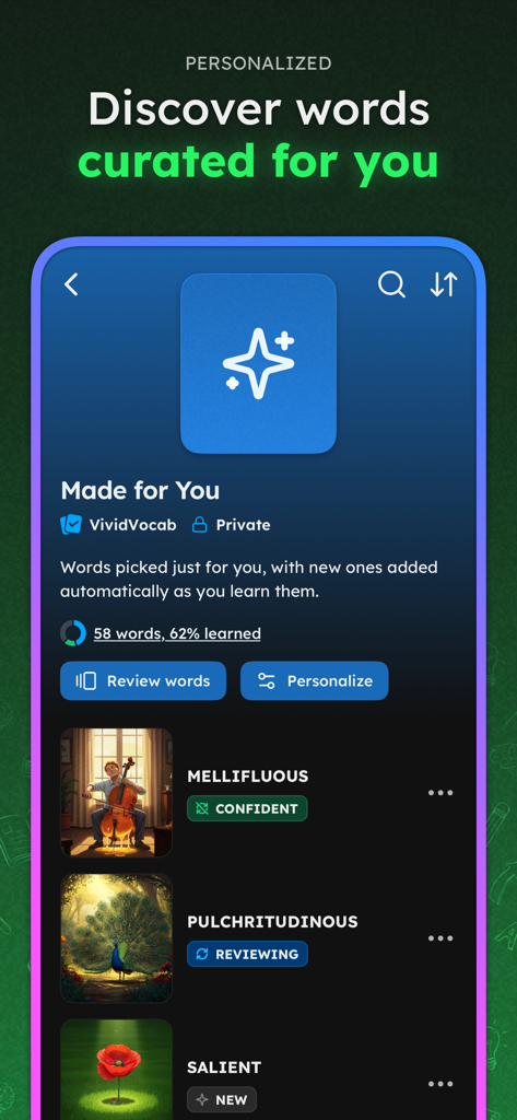 VividVocab: Remember Words - VividVocab app screen showing a personalized word list with mnemonic images for learning vocabulary