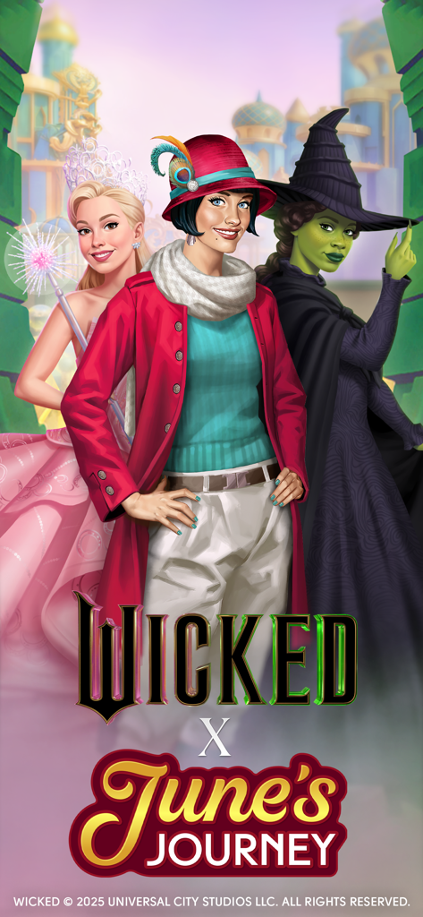 June Parker posando con Glinda y Elphaba de Wicked en la Ciudad Esmeralda