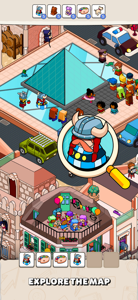 Gameplay screenshot of Where Is showing a magnifying glass finding a viking character on a crowded city map with a merge tray at the bottom