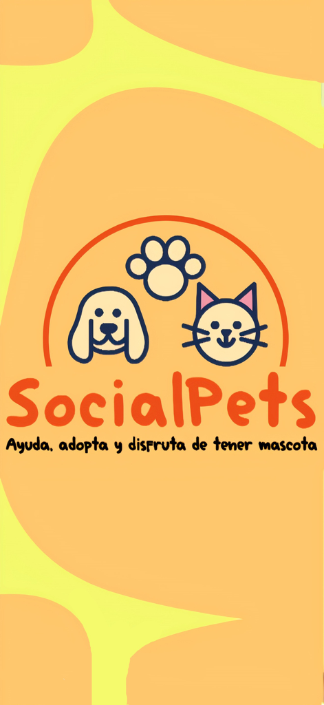 SocialPets App-Startbildschirm mit einem Hunde- und Katzenlogo und dem spanischen Slogan Ayuda adopta y disfruta de tener mascota