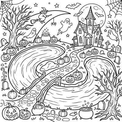 Embark on a thrilling coloring journey through a moonlit Halloween landscape, where mysterious oxbow lakes reflect the spooky fun. This intricate design combines natural beauty with classic Halloween elements like witches, ghosts, and a haunted house, offering hours of creative enjoyment.