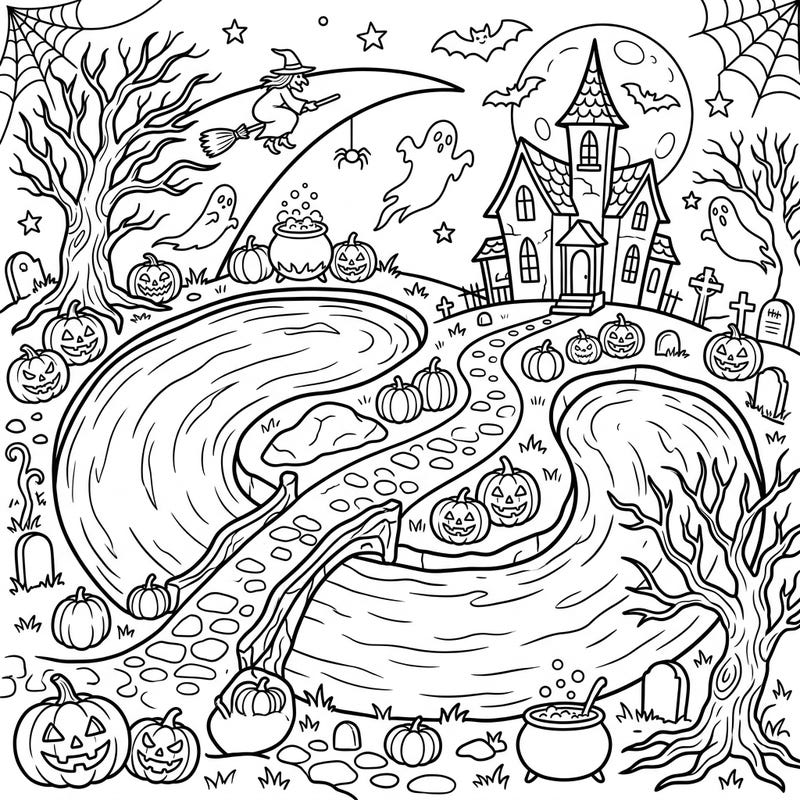 Embark on a thrilling coloring journey through a moonlit Halloween landscape, where mysterious oxbow lakes reflect the spooky fun. This intricate design combines natural beauty with classic Halloween elements like witches, ghosts, and a haunted house, offering hours of creative enjoyment.