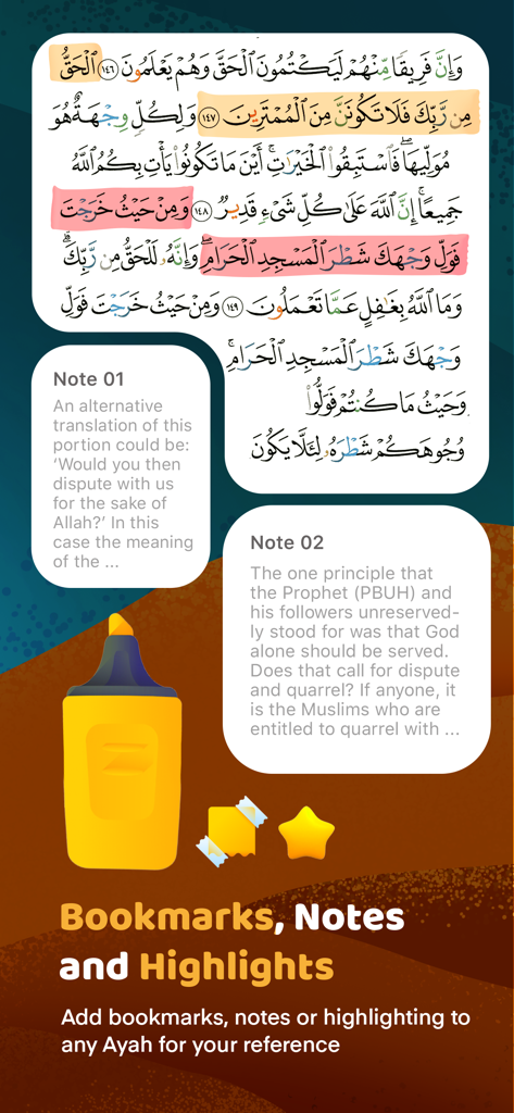 Interface of the Holy Quran app showing Arabic text with color-coded highlights and custom study notes