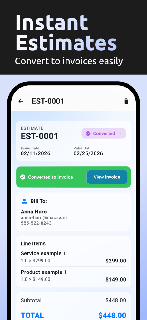 AI Invoice & Estimate Maker - Professional mobile estimate screen showing the conversion to an invoice with service and product line items