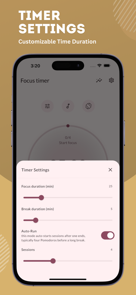 Pomodoro Focus Timer Pro - 集中時間と休憩時間のスライダーを示すPomodoro Focus Timer Proアプリのカスタマイズ可能なタイマー設定。