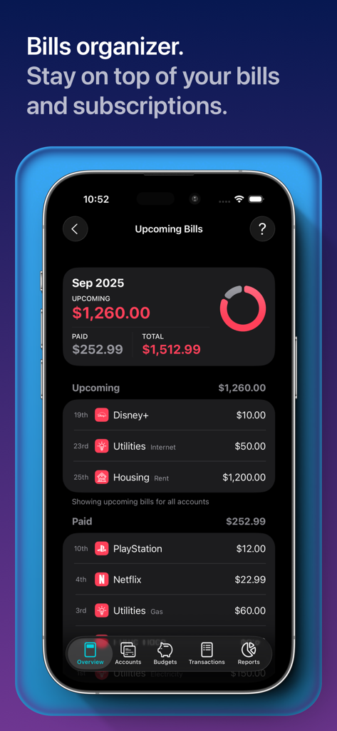 MoneyCoach app interface displaying a monthly bill organizer and subscription tracker on an iPhone
