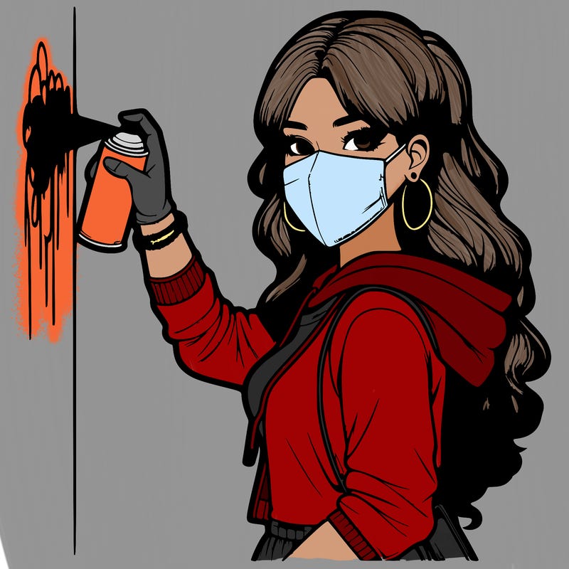 realistic girl with mask spray painting a wall