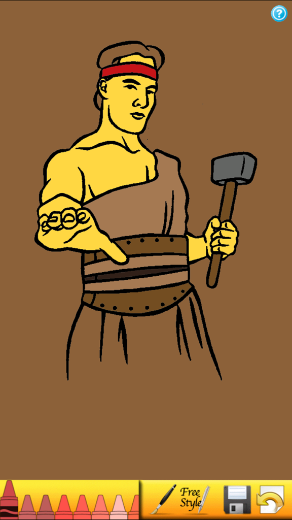 Uma captura de tela do aplicativo Livro de Colorir SUD mostrando um personagem das escrituras sendo colorido com giz de cera digital