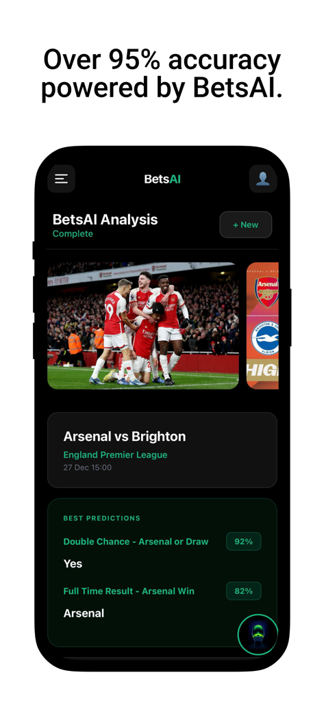 Interface of betsAI app showing football match predictions for Arsenal vs Brighton with high accuracy percentages.